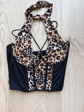 3/$20 Leopard Print Halter Neck Cutout Corset Crop Top Y2K Clubwear Small